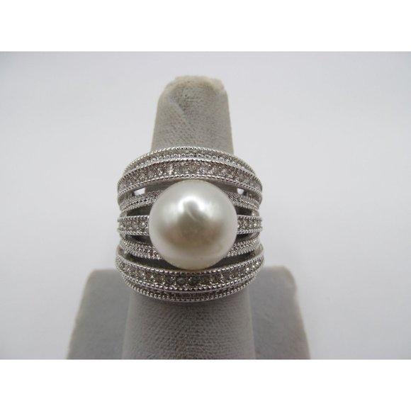 Faux Pearl 7 Tier Band Rhinestone Cocktail Ring signed NVC - Picture 7 of 14